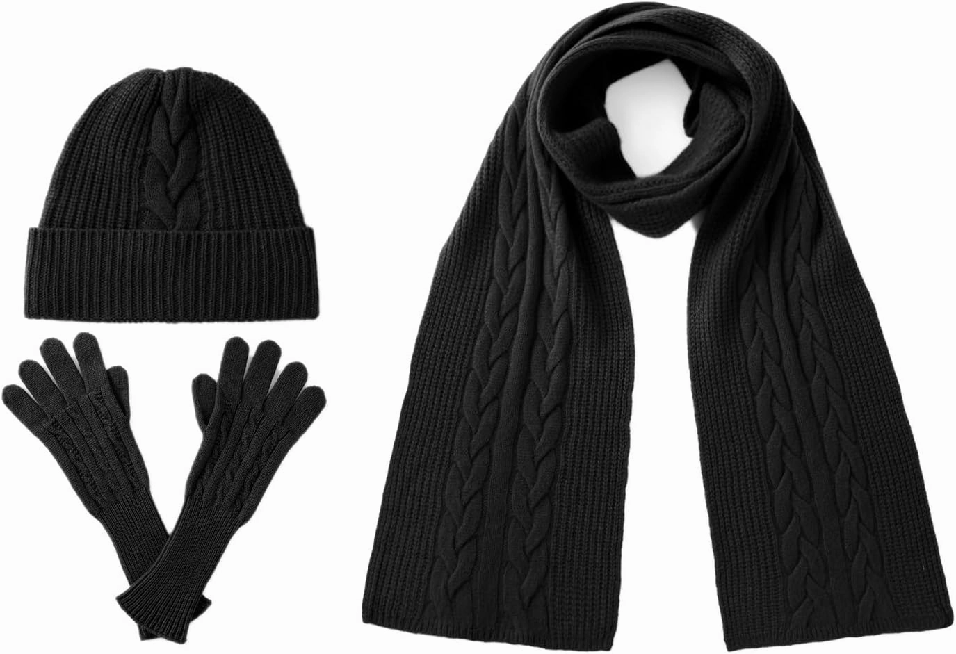 Villand Women's 3 Piece 100% Pure Cashmere Scarf Hat & Gloves Set, Cable Knitted Winter Set with Gift Box