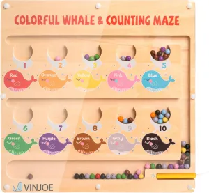 VINJOE Magnetic Color & Number Maze - Montessori Educational Color Matching Learning Counting Puzzle Board - Wooden Toddler Fine Motor Skills Toys for Boys Girls 3 4 5 Years Old (Whale)