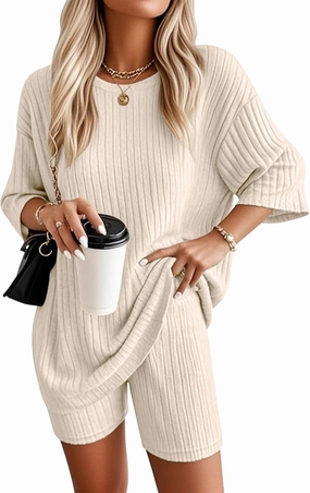 VUTRU Women Summer Pajama Set 2 Piece, Ribbed Knit Soft Lounge Sleepwear Matching Tshirt Shorts Comfy Outfits for Ladies