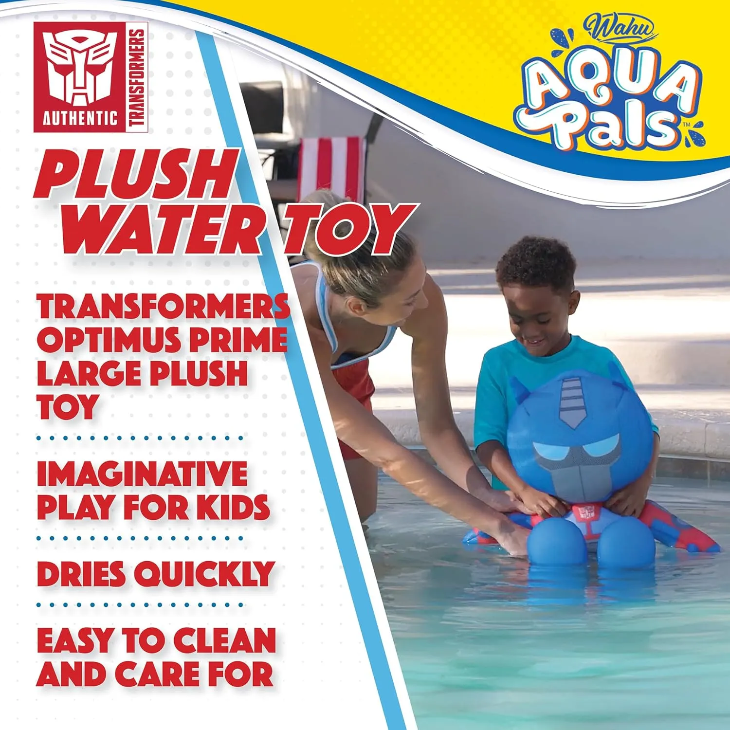 WAHU Aqua Pals Transformers Optimus Prime Plush Water Toy for Kids Ages 2 , Fast-Drying Waterproof Plush Doll Toy for Pool and Bathtub, Large, Red/Blue