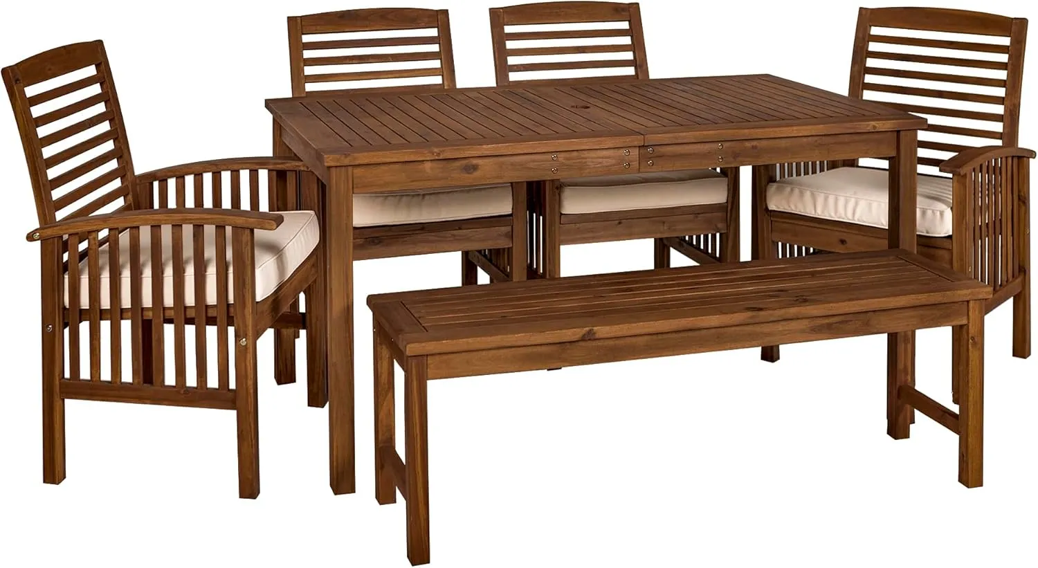Walker Edison Rendezvous Modern 6 Piece Solid Acacia Wood Outdoor Dining Set, Set of 6, Dark Brown