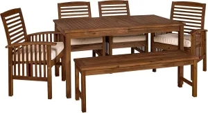 Walker Edison Rendezvous Modern 6 Piece Solid Acacia Wood Outdoor Dining Set, Set of 6, Dark Brown