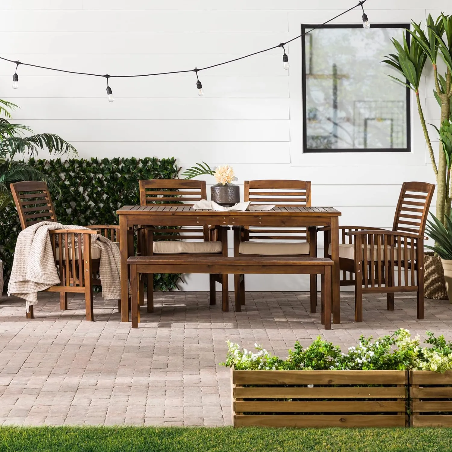 Walker Edison Rendezvous Modern 6 Piece Solid Acacia Wood Outdoor Dining Set, Set of 6, Dark Brown