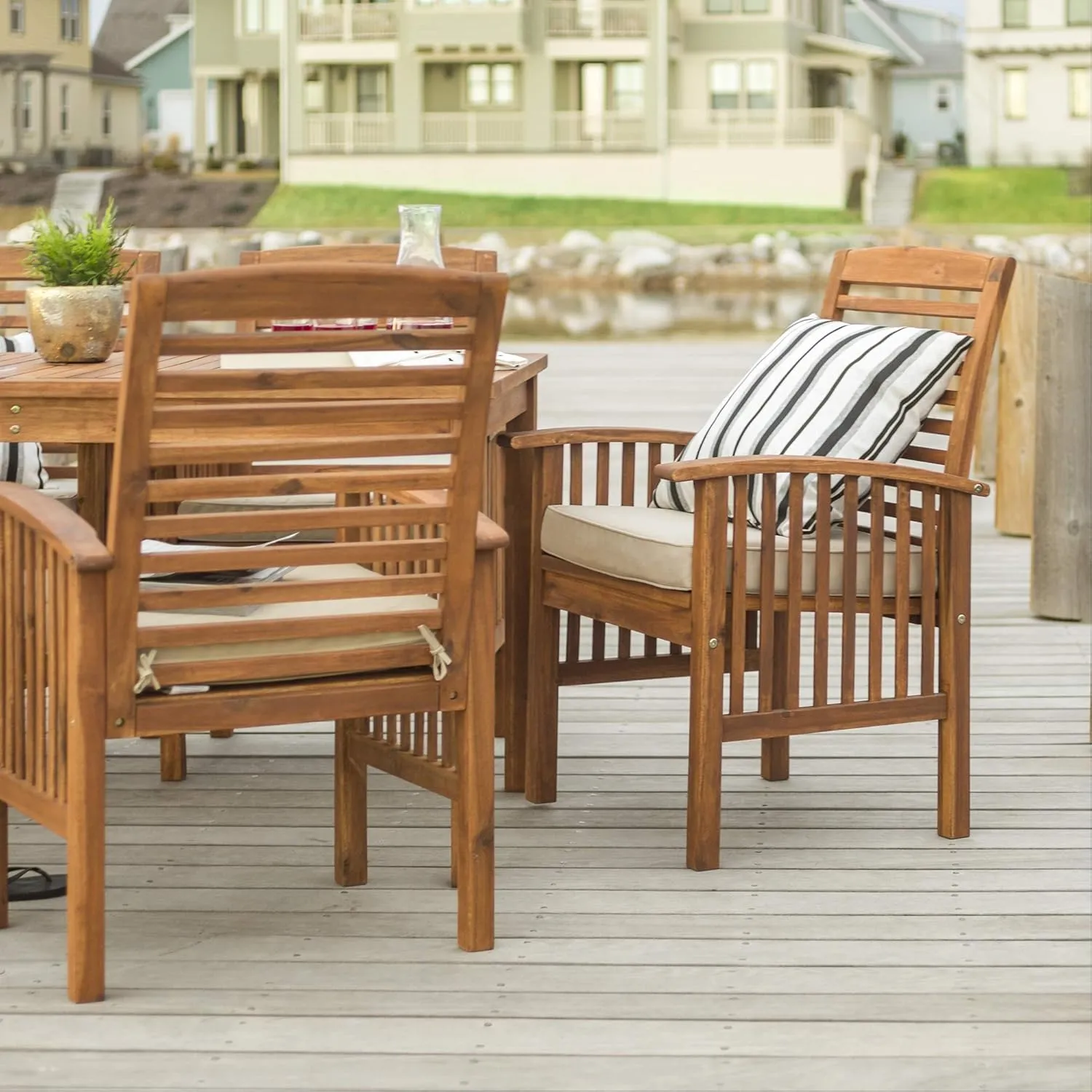 Walker Edison Rendezvous Modern 7 Piece Solid Acacia Wood Outdoor Dining Set, Set of 7, Brown