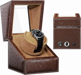 Watch Winder for Single Watch,Piano Paint, Ultra-Quiet Motor, Watch Shaker for Mechanical Watches,Led Light, for Men,Women,Coffee Leather Brown1 0