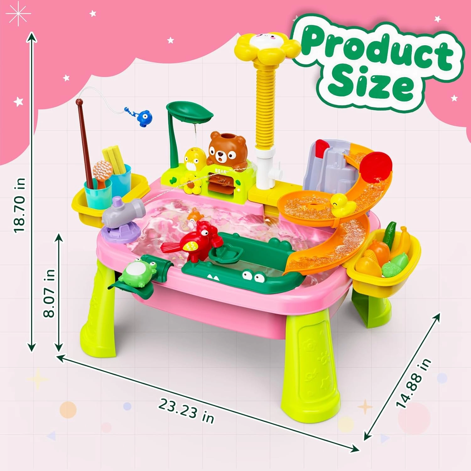 Water Table for Toddlers 1-3 with Electric Water Pump, Sand and Water Table for Kids Ages 4-8,Play Food,Fishing Game Sensory Toys Summer Toys for Outside Outdoor Backyard (Pink)