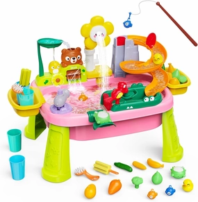 Water Table for Toddlers 1-3 with Electric Water Pump, Sand and Water Table for Kids Ages 4-8,Play Food,Fishing Game Sensory Toys Summer Toys for Outside Outdoor Backyard (Pink)