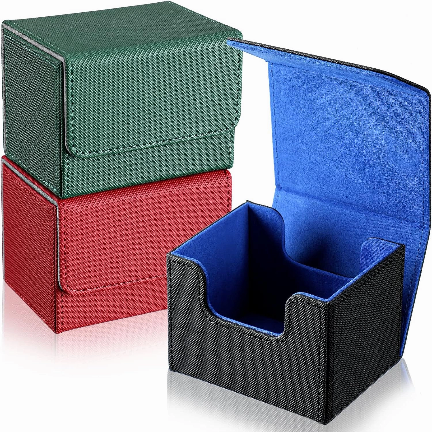 Weewooday 3 Pieces Leather Deck Card Boxes Game Box for 100 Plus Cards Playing Magnetic Storage Box Compatible with Mtg Tcg(Black Blue, Red, Green,Horizontal)