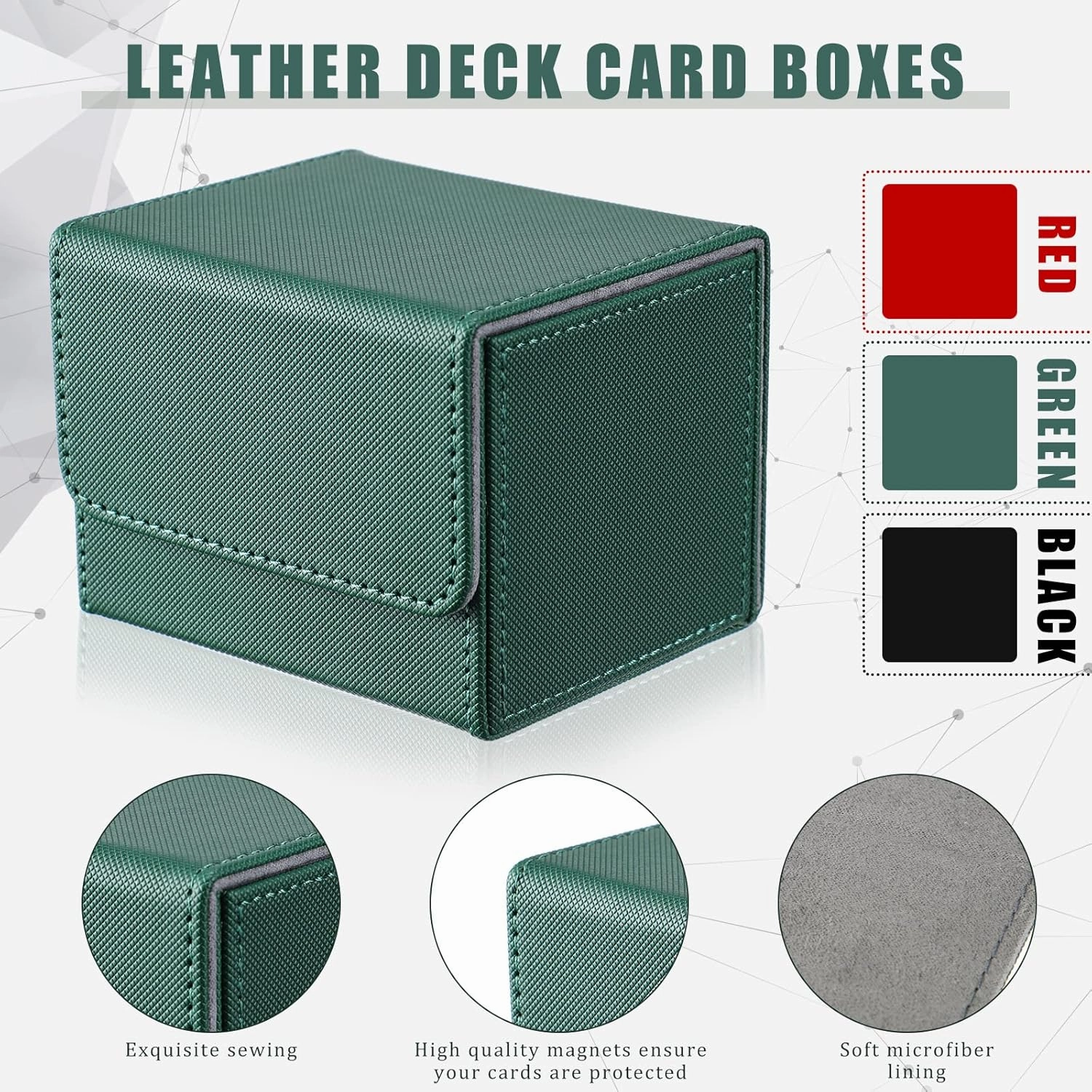 Weewooday 3 Pieces Leather Deck Card Boxes Game Box for 100 Plus Cards Playing Magnetic Storage Box Compatible with Mtg Tcg(Black Blue, Red, Green,Horizontal)