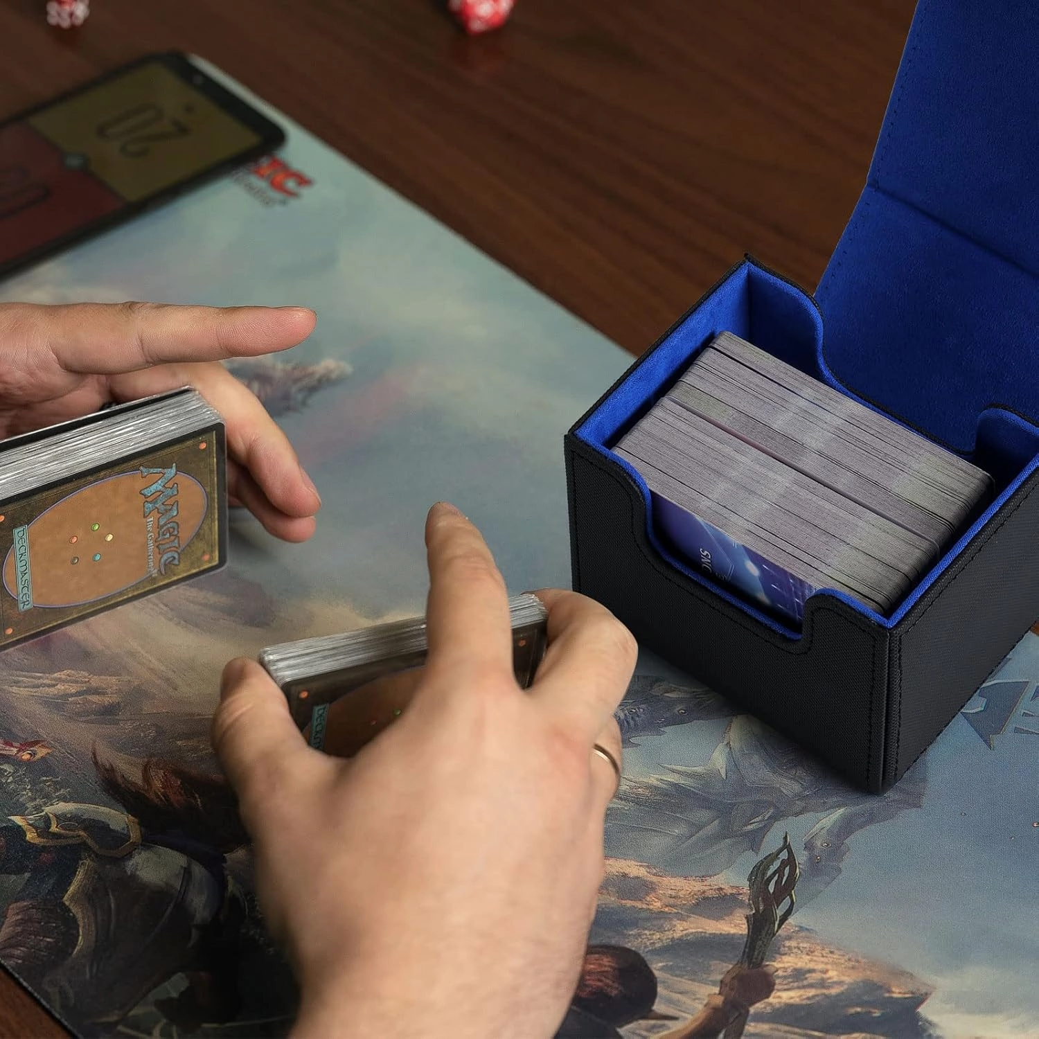Weewooday 3 Pieces Leather Deck Card Boxes Game Box for 100 Plus Cards Playing Magnetic Storage Box Compatible with Mtg Tcg(Black Blue, Red, Green,Horizontal)