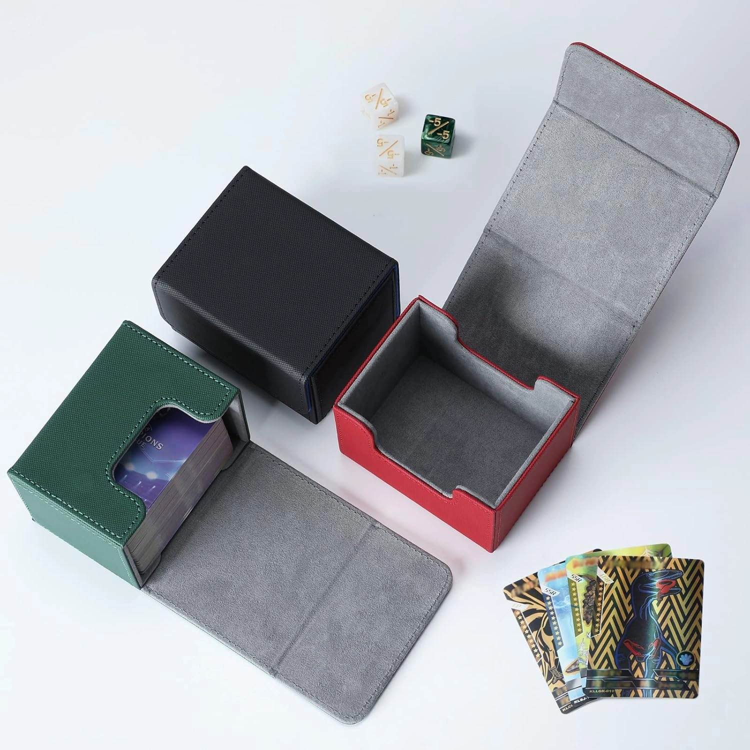Weewooday 3 Pieces Leather Deck Card Boxes Game Box for 100 Plus Cards Playing Magnetic Storage Box Compatible with Mtg Tcg(Black Blue, Red, Green,Horizontal)
