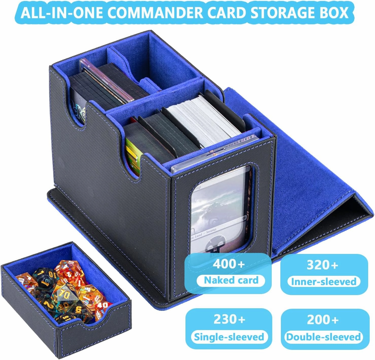 WELLMILLER MTG Deck Box for Commander with Dice Tray,Designed for MTG Commander Card Deck Box Fits 200  Double Sleeved Cards,Card Storage Box with 3 Dividers 2 card holder
