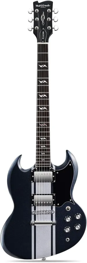 WestCreek RACER Solid Body Electric Guitar, Double Cut guitar, Rounded End Frets, Bone nut, Rosewood Fingerboard, Mahogany Body (Black GT)
