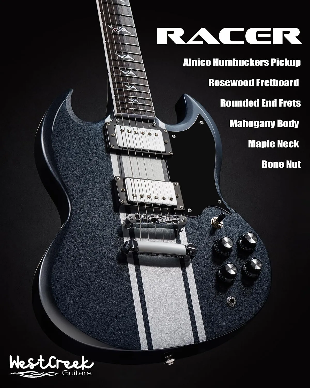 WestCreek RACER Solid Body Electric Guitar, Double Cut guitar, Rounded End Frets, Bone nut, Rosewood Fingerboard, Mahogany Body (Black GT)