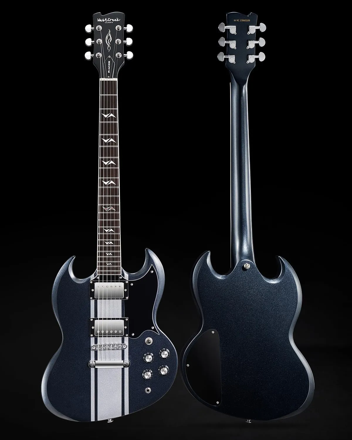 WestCreek RACER Solid Body Electric Guitar, Double Cut guitar, Rounded End Frets, Bone nut, Rosewood Fingerboard, Mahogany Body (Black GT)