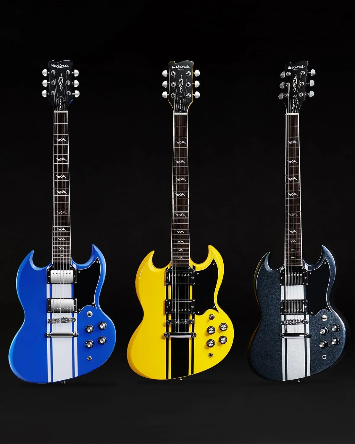WestCreek RACER Solid Body Electric Guitar, Double Cut guitar, Rounded End Frets, Bone nut, Rosewood Fingerboard, Mahogany Body (Black GT)