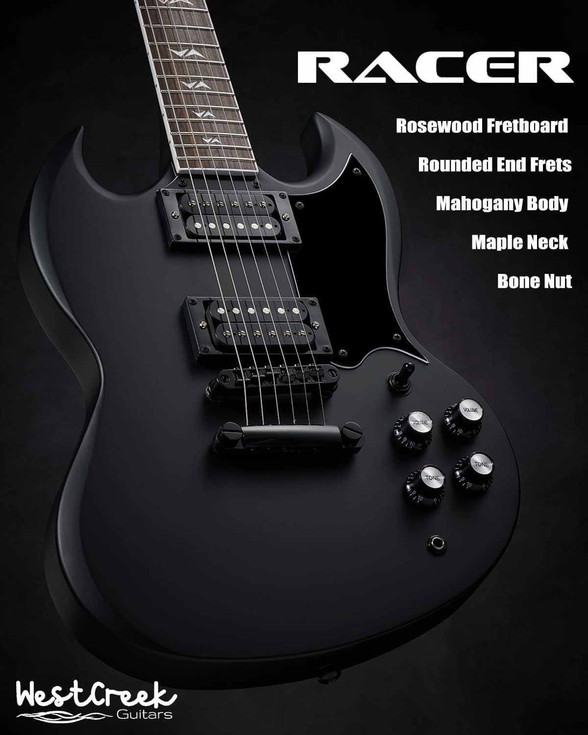 WestCreek RACER Solid Body Electric Guitar, Double Cut guitar, Rounded End Frets, Bone nut, Rosewood Fingerboard, Mahogany Body (Matte Black)