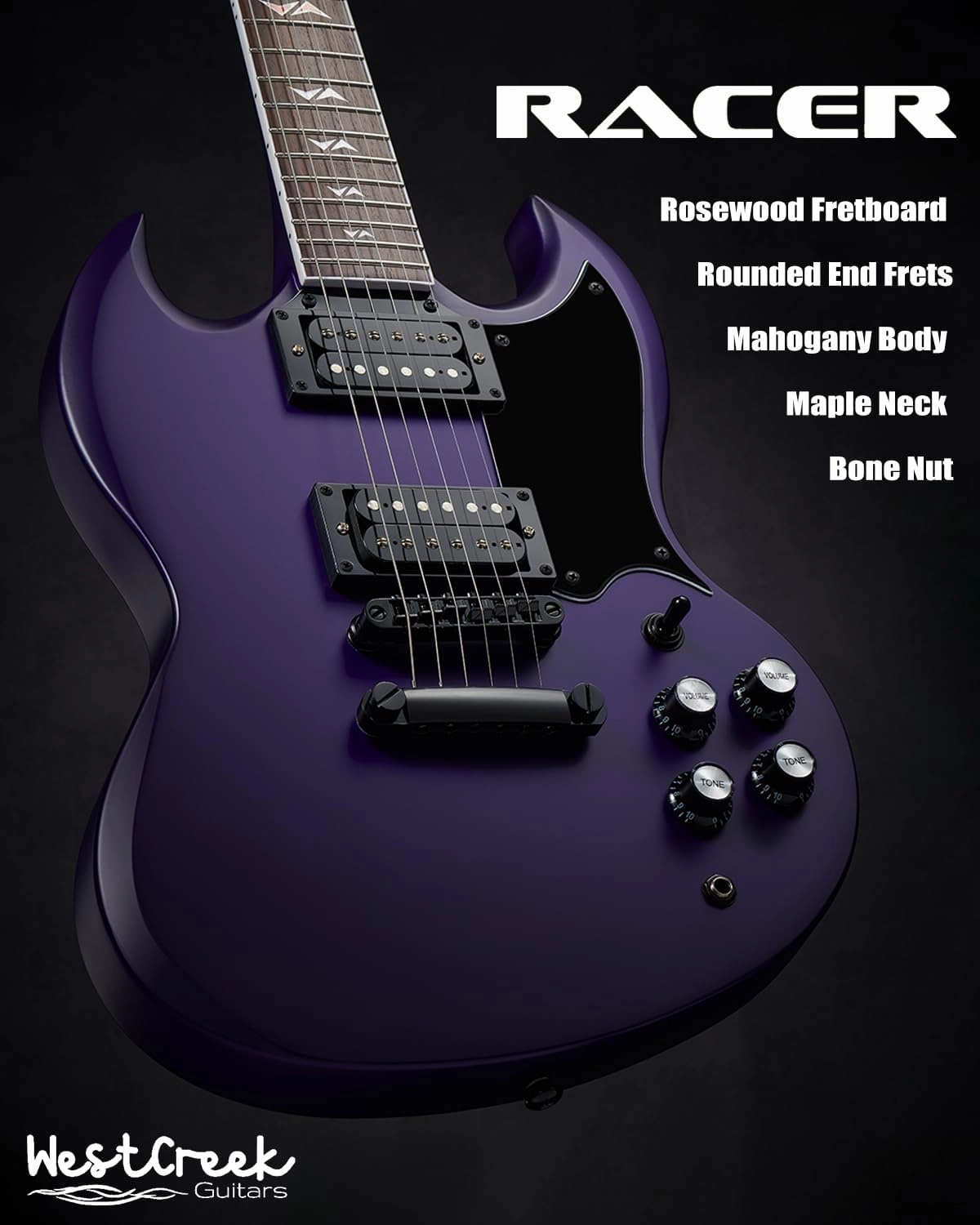 WestCreek RACER Solid Body Electric Guitar, Double Cut guitar, Rounded End Frets, Bone nut, Rosewood Fingerboard, Mahogany Body (Matte Purple)