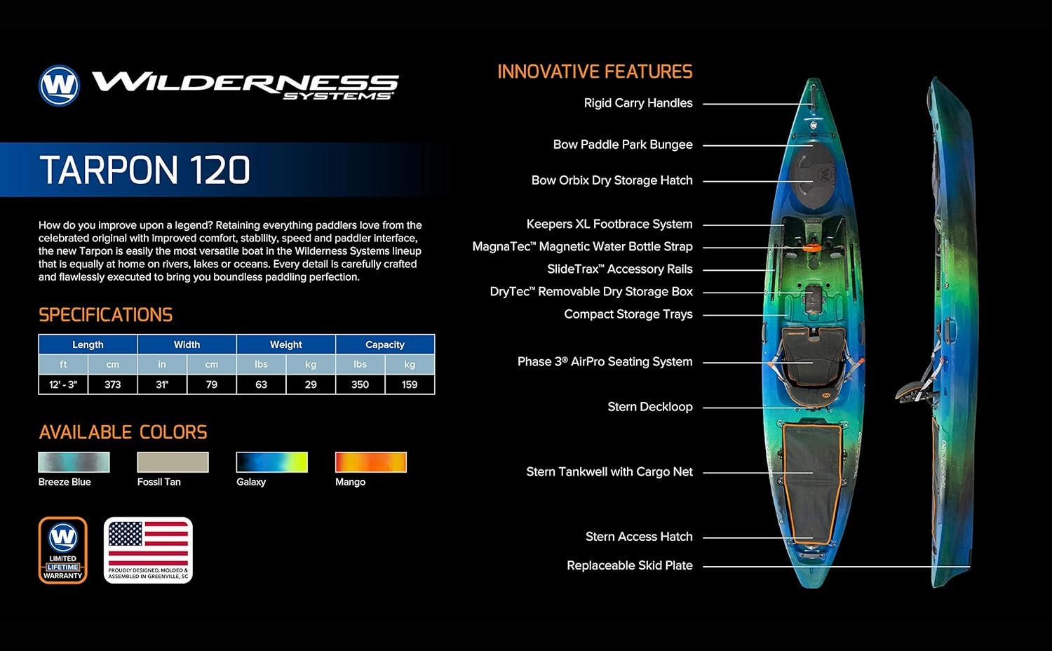 Wilderness Systems Tarpon 120 - Sit on Top Fishing Kayak - Premium Angler Kayak - Adjustable and Designed Seat - 12.3 ft
