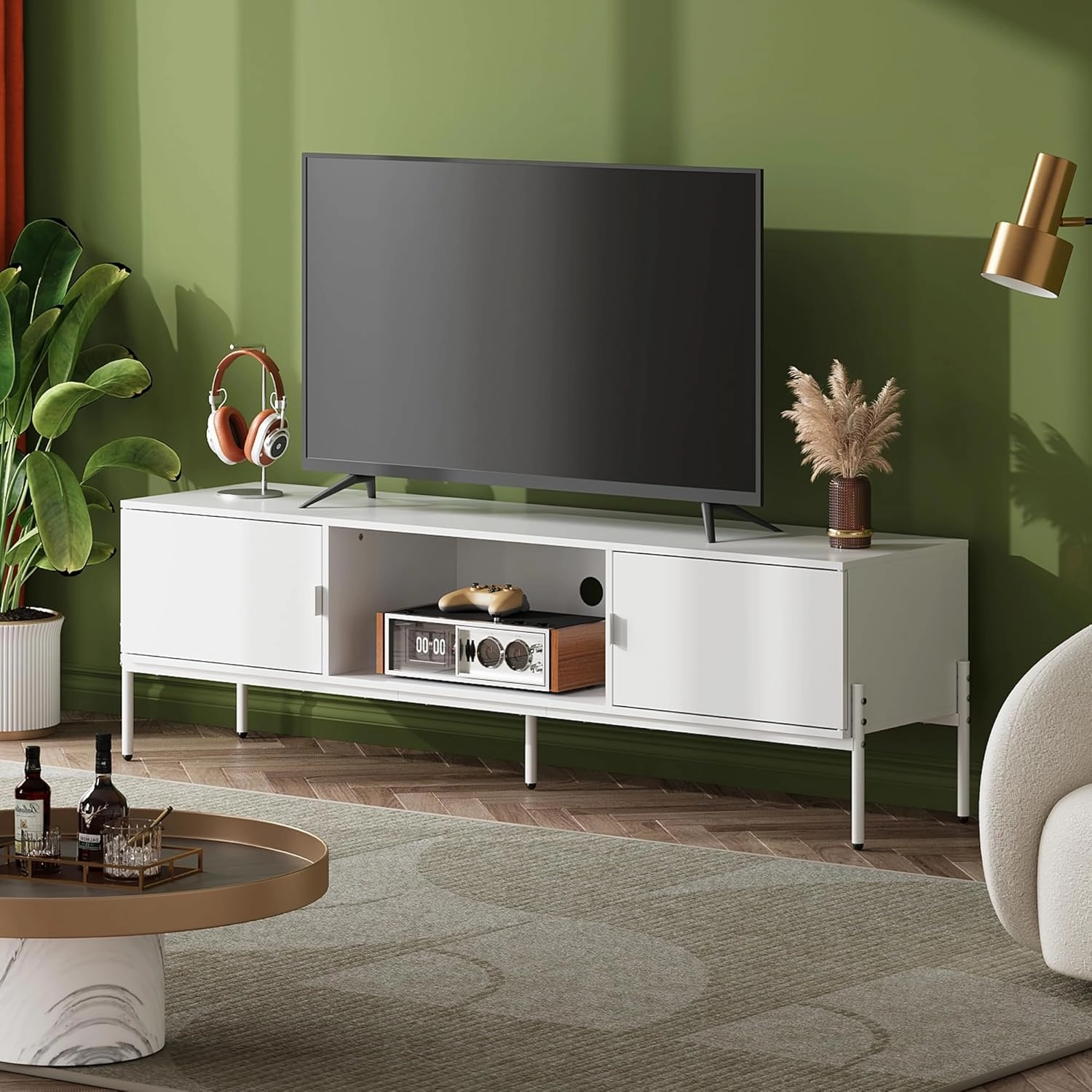 WLIVE Modern TV Stand for 65 Inch TV, Mid Century Entainment Center with Storage Cabinets, TV Console for Bedroom and Living Room, TV Cabinet with Metal Legs, White