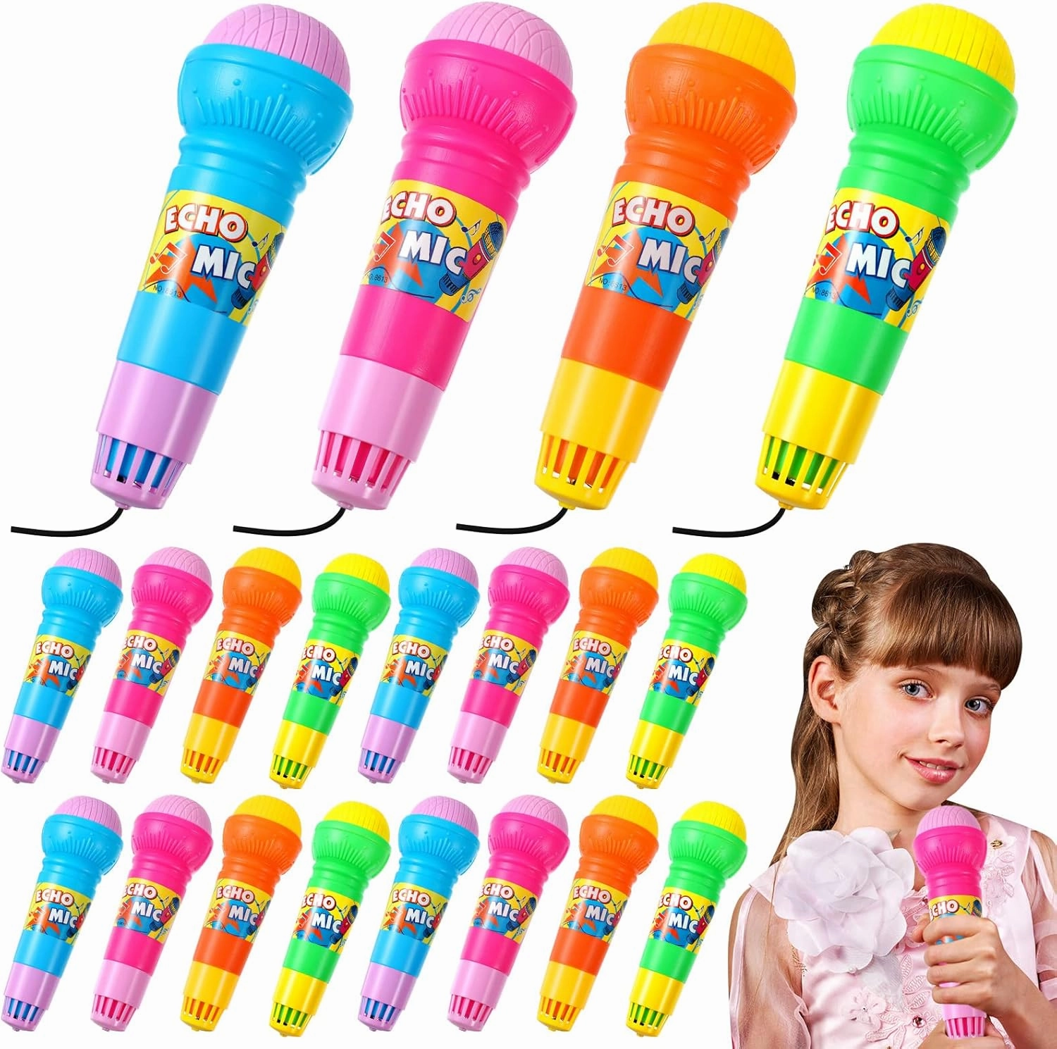 Woanger 20 Pieces Echo Microphone Toy Play Microphones for Kids Bulk Fun Voice Amplifying Multicolored Retro Battery Free Speech Therapy Toys for Singing Gifts, 4 Colors, 7.5 x 2.2 Inch
