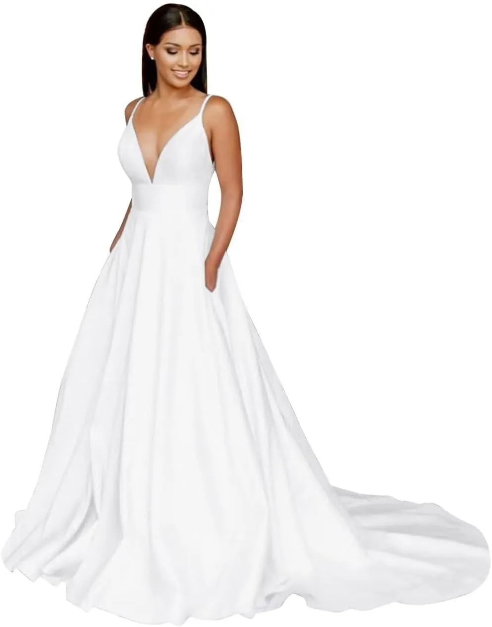 Women’s A Line Spaghetti Straps Wedding Dress for Bride, Deep V Neck Satin Sleeveless Bridal Gown with Train