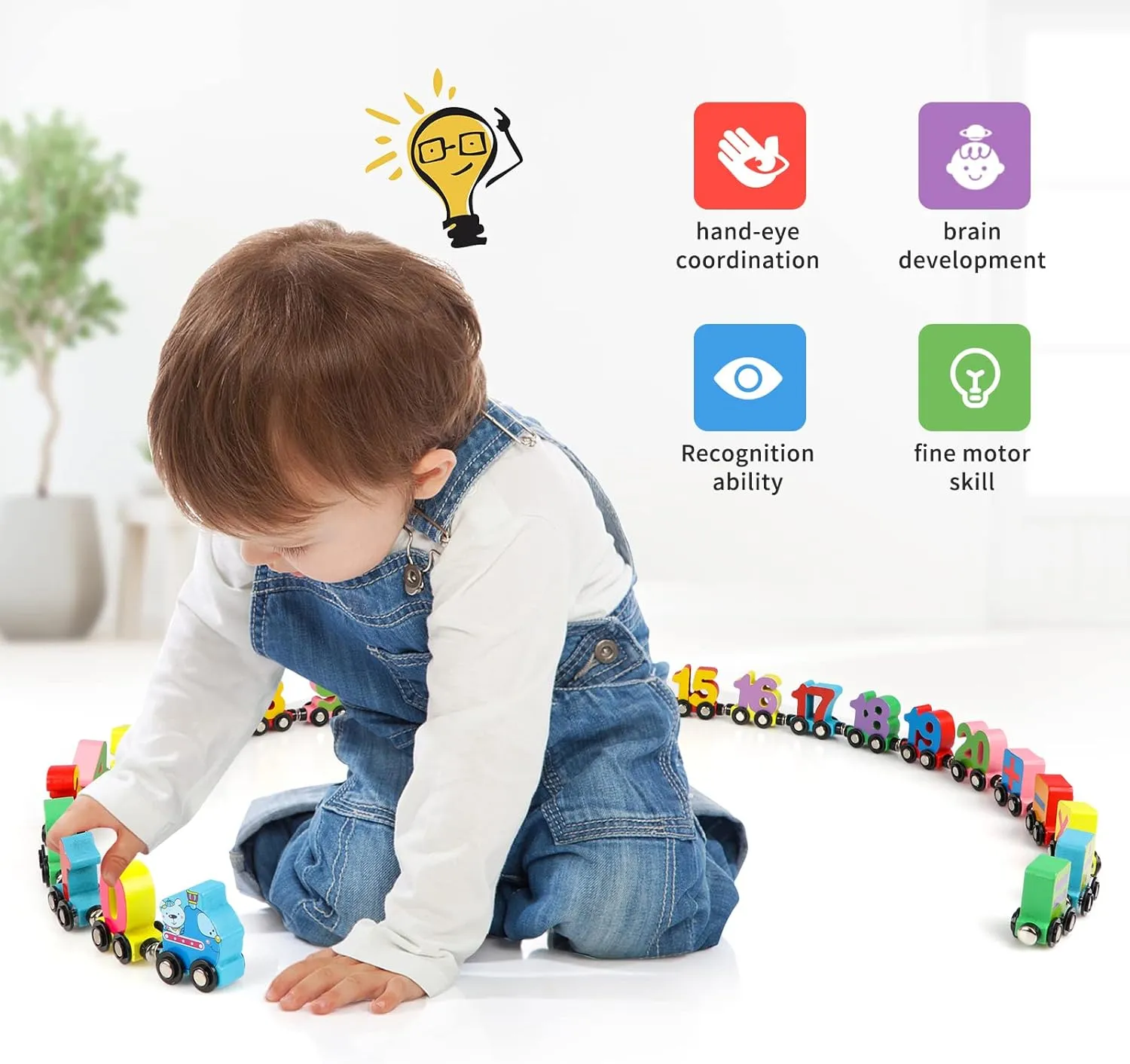 Wondertoys Wooden Train Set - 27 PCS Magnetic Number Train with Engine Cars for Toddlers, Compatible with Major Brands Tracks