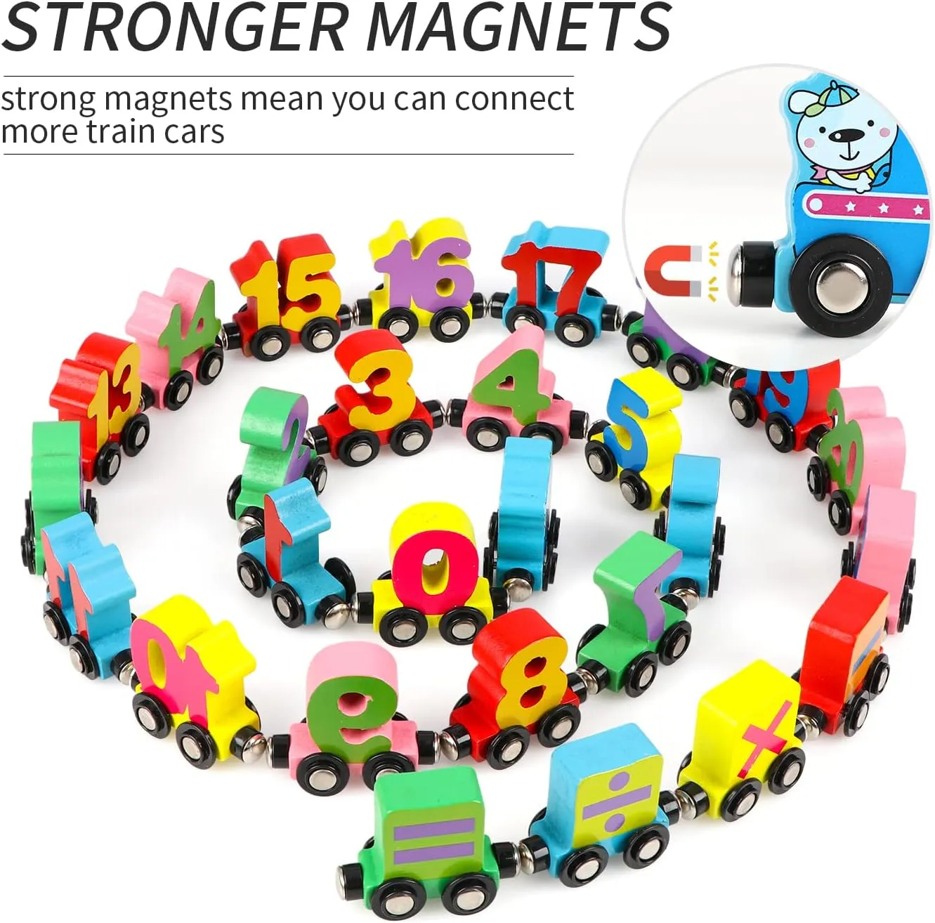 Wondertoys Wooden Train Set - 27 PCS Magnetic Number Train with Engine Cars for Toddlers, Compatible with Major Brands Tracks