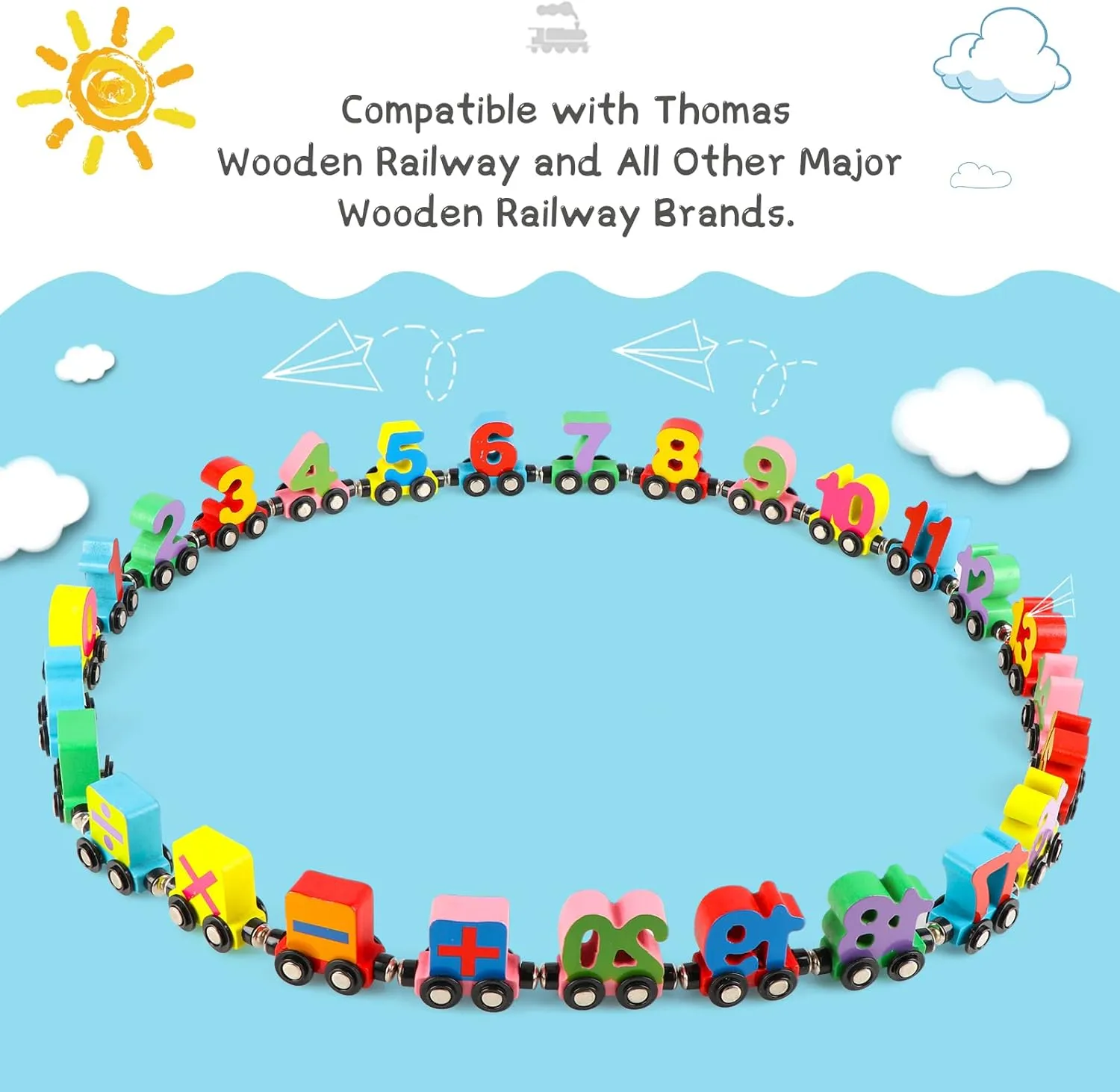 Wondertoys Wooden Train Set - 27 PCS Magnetic Number Train with Engine Cars for Toddlers, Compatible with Major Brands Tracks