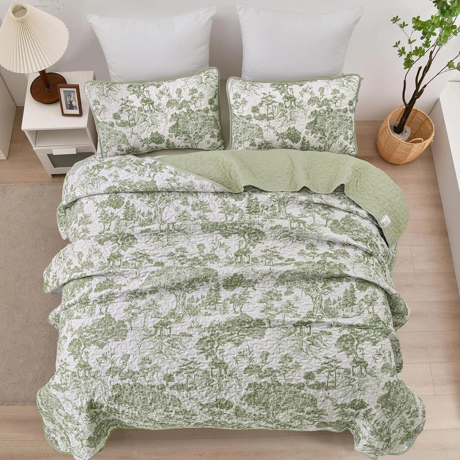 WONGS BEDDING Botanical Quilt Set Full Size, Sage Green 3 Pieces Toile Floral Plants Printed Bedspread Bedding Set Soft Lightweight Microfiber Coverlet Set for All Season (90"x78")