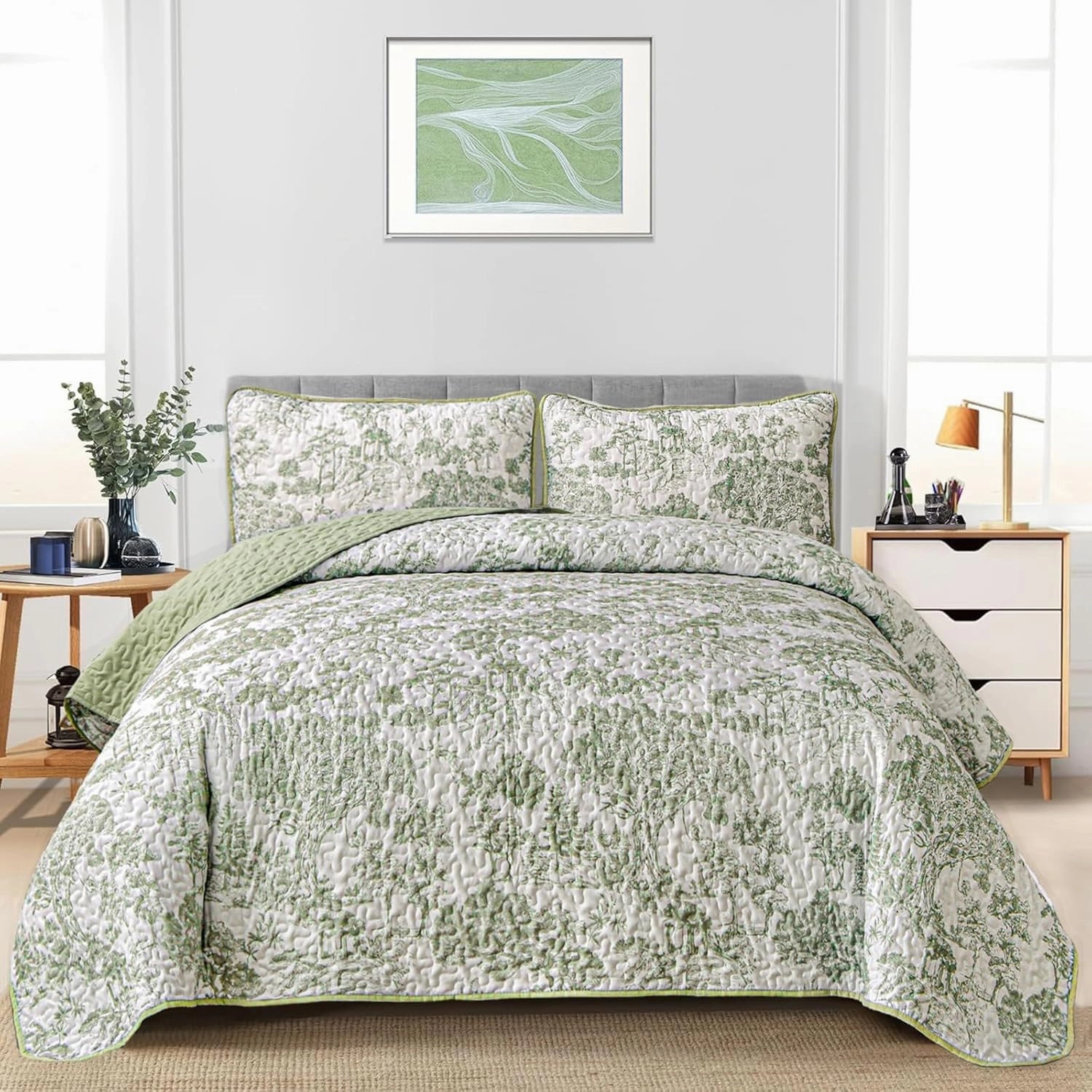 WONGS BEDDING Botanical Quilt Set Full Size, Sage Green 3 Pieces Toile Floral Plants Printed Bedspread Bedding Set Soft Lightweight Microfiber Coverlet Set for All Season (90"x78")