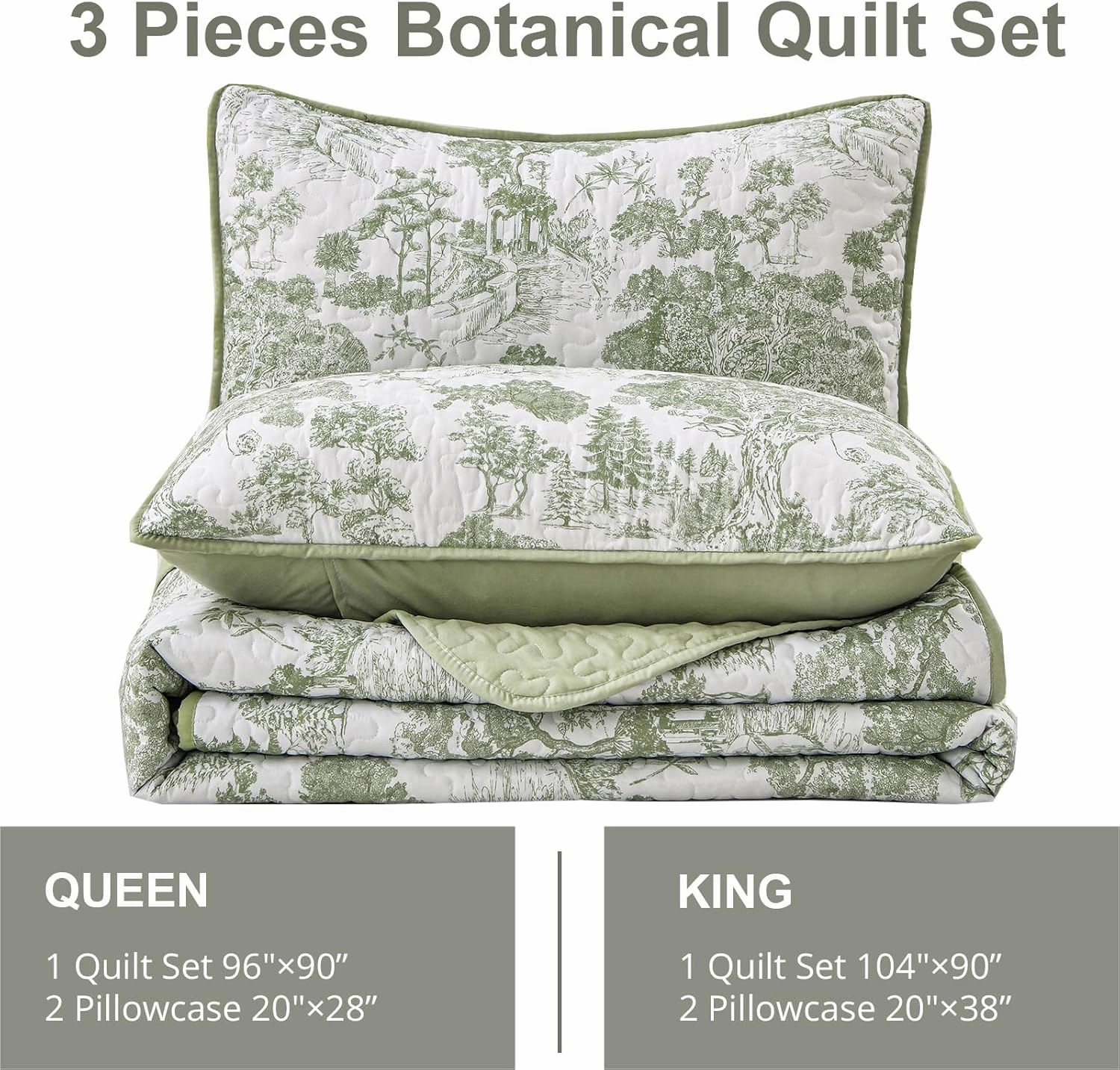 WONGS BEDDING Botanical Quilt Set Full Size, Sage Green 3 Pieces Toile Floral Plants Printed Bedspread Bedding Set Soft Lightweight Microfiber Coverlet Set for All Season (90"x78")