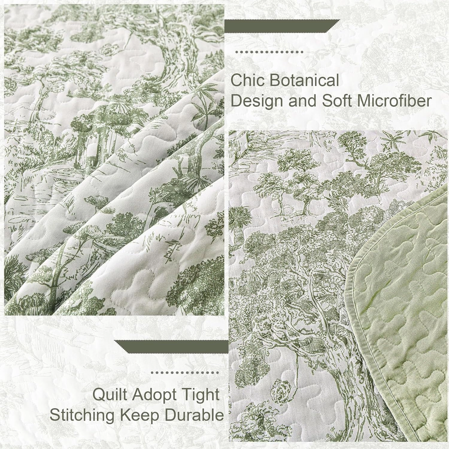 WONGS BEDDING Botanical Quilt Set Full Size, Sage Green 3 Pieces Toile Floral Plants Printed Bedspread Bedding Set Soft Lightweight Microfiber Coverlet Set for All Season (90"x78")