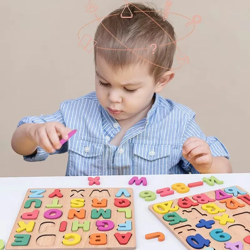 Wooden Alphabet and Number Shape Matching Puzzle Board for Early Childhood Education - 3D Educational Toy for Preschool Development