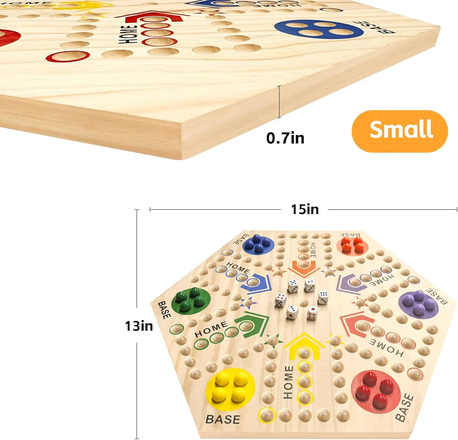 Wooden Board Game, Board Game Original Marble Game Double Sided Painted 2 to 6 Player Fast Track Board Game Wooden with 6 Colors 24 Marbles 6 Dice for Adults Kids Family(15 INCH)