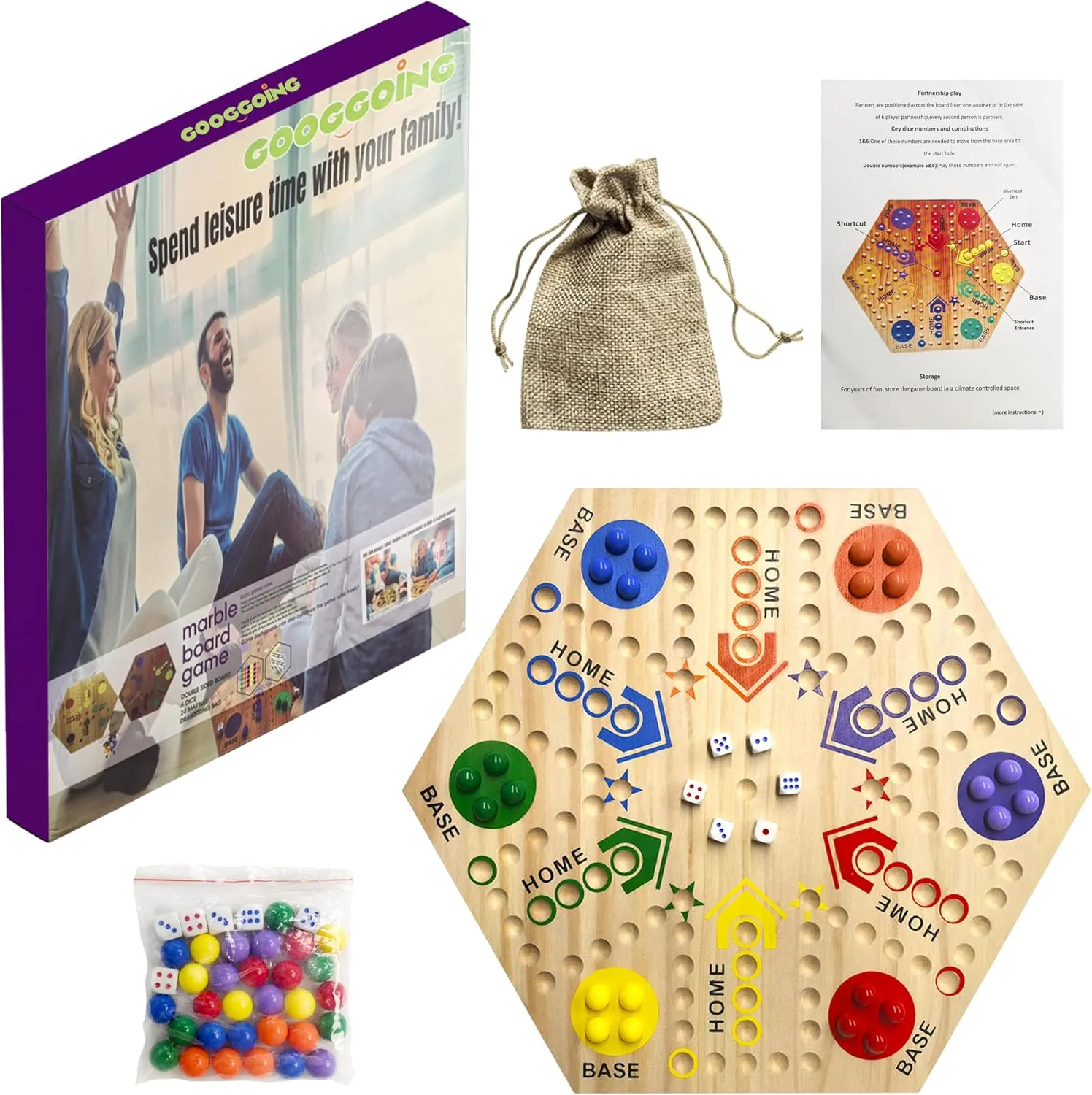 Wooden Board Game, Board Game Original Marble Game Double Sided Painted 2 to 6 Player Fast Track Board Game Wooden with 6 Colors 24 Marbles 6 Dice for Adults Kids Family(15 INCH)