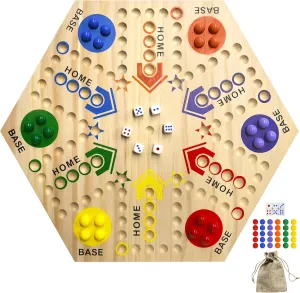 Wooden Board Game, Board Game Original Marble Game Double Sided Painted 2 to 6 Player Fast Track Board Game Wooden with 6 Colors 24 Marbles 6 Dice for Adults Kids Family(15 INCH)