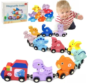 Wooden Dinosaur Train Set - Magnetic Matching and Number Learning Color Toys for Toddlers 3-5, Montessori Fine Motor Skill Educational Toy for 2-5 Year Old Kids