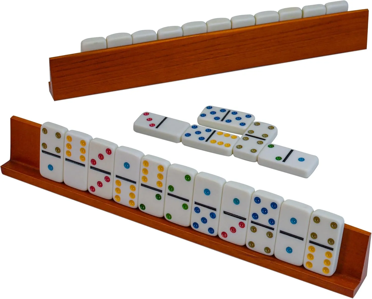 Wooden Domino Holders Set of 4 Wooden Domino Racks for Mexican Train Dominoes Accessories Domino Stand for Domino Tiles, Mexican Train, Mahjong, Chicken Foot and Other Domino Games(1 Row Dark Red)