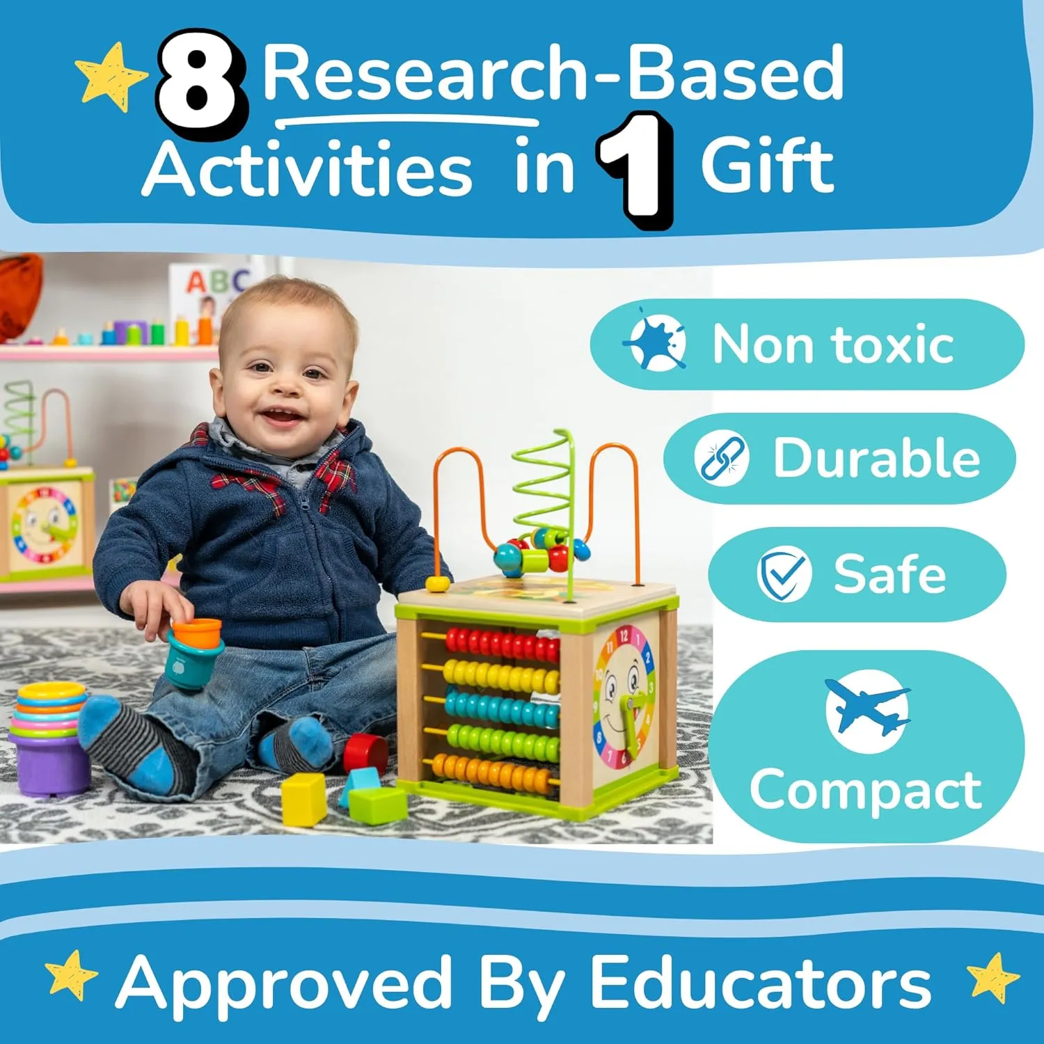 Wooden Kids Baby Activity Cube - Boys Gift Set | One 1, 2 Year Old Boy Gifts Toys | Developmental Toddler Educational Learning Boy Toys 12-18 Months | Bead Maze, First Birthday Gift