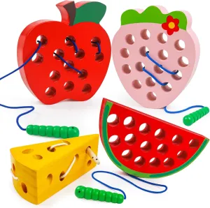 Wooden Lacing Toys for Toddlers 3-5, Plane Car Travel Montessori Educational Learning Threading Toys for Fine Motor Skills Birthday Easter Gift for Boys Girls (4pcs)