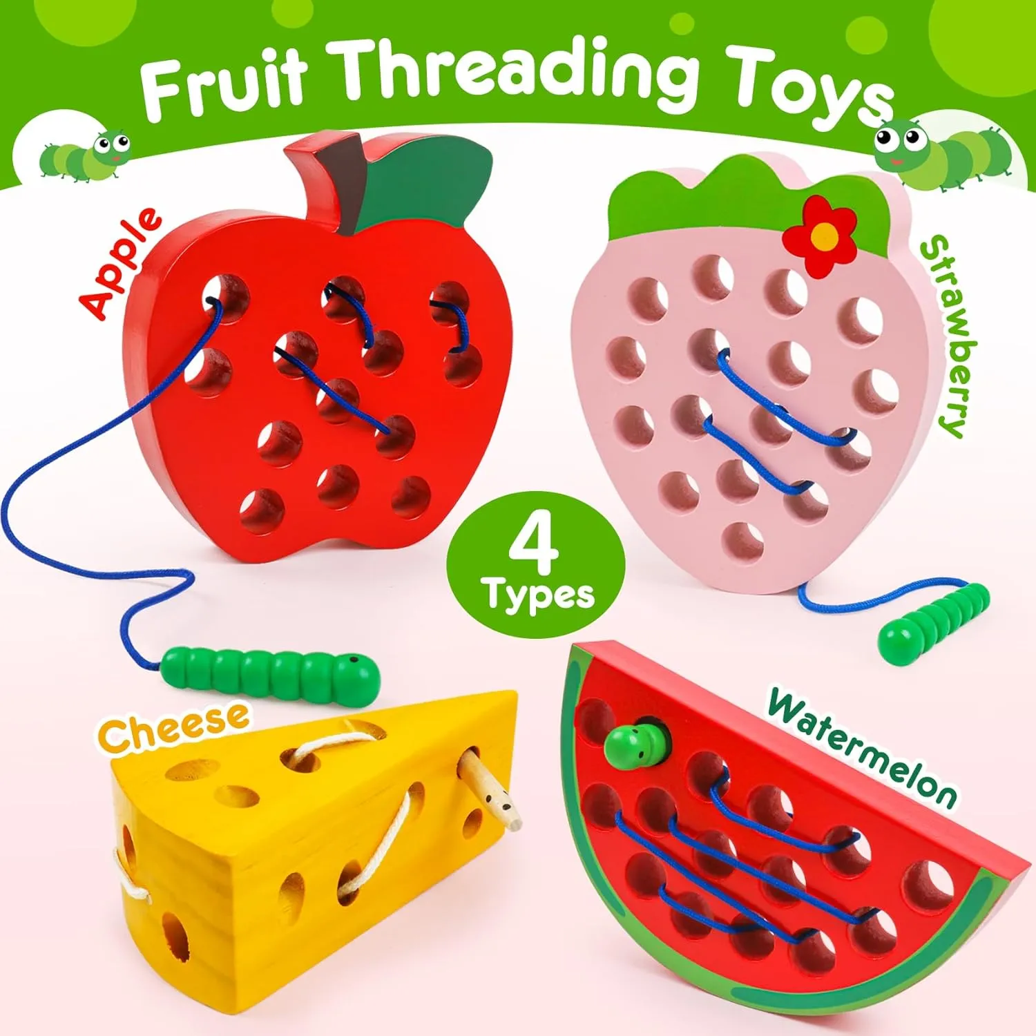 Wooden Lacing Toys for Toddlers 3-5, Plane Car Travel Montessori Educational Learning Threading Toys for Fine Motor Skills Birthday Easter Gift for Boys Girls (4pcs)