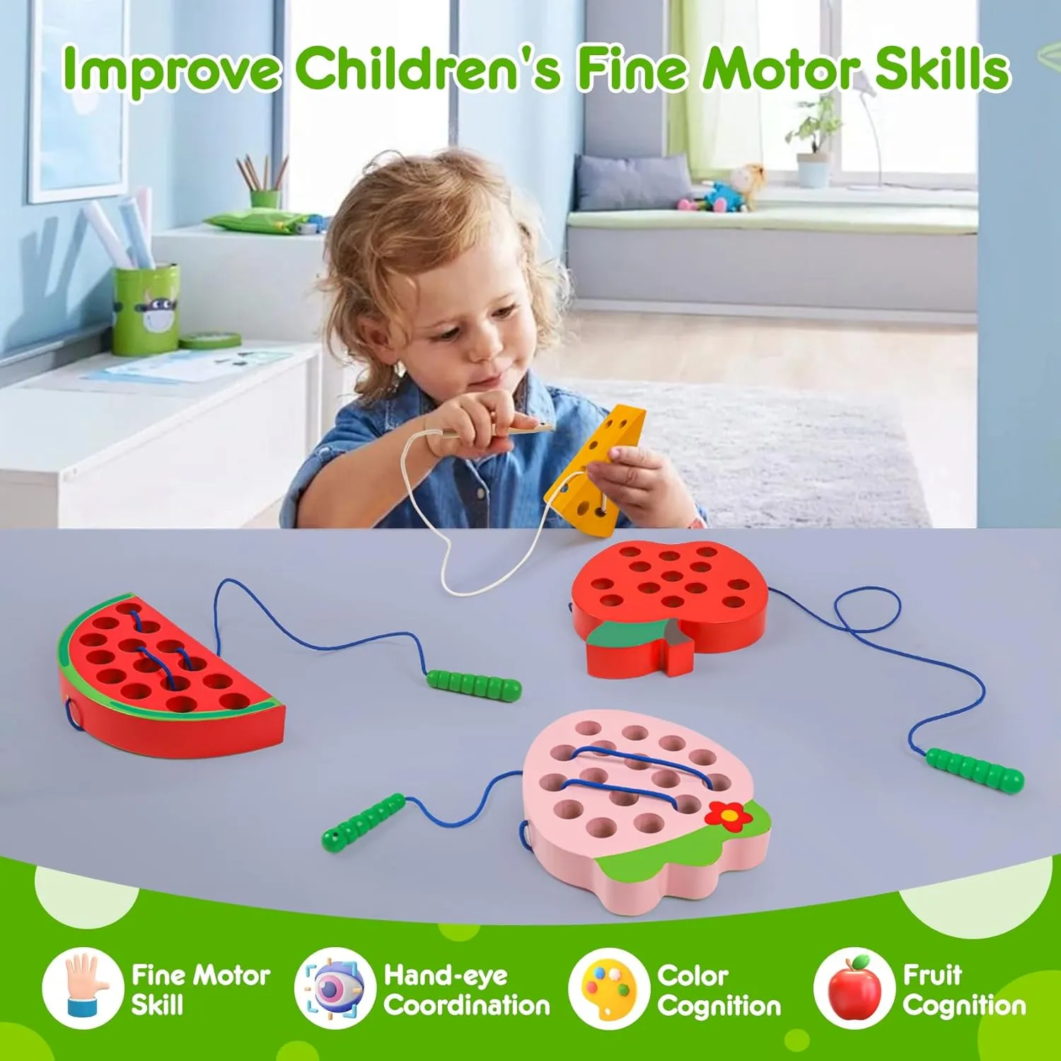 Wooden Lacing Toys for Toddlers 3-5, Plane Car Travel Montessori Educational Learning Threading Toys for Fine Motor Skills Birthday Easter Gift for Boys Girls (4pcs)