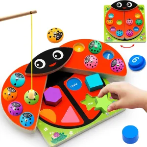 Wooden Ladybug Montessori Toys for 1 2 3 4 Year Old Boy Girl Christmas One 1st Birthday Gift Magnetic Fishing Game for Toddler 1-3 2-4 Educational Learning Number Counting Shape Sorter Sorting