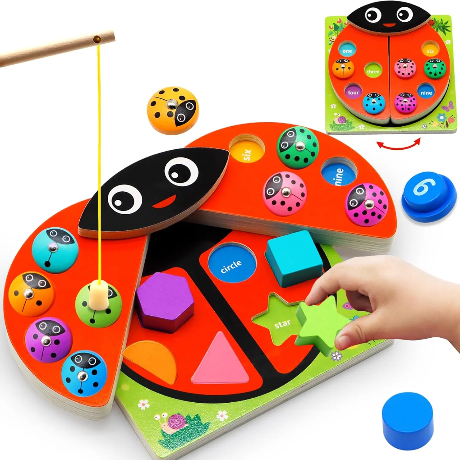 Wooden Ladybug Montessori Toys for 1 2 3 4 Year Old Boy Girl Christmas One 1st Birthday Gift Magnetic Fishing Game for Toddler 1-3 2-4 Educational Learning Number Counting Shape Sorter Sorting