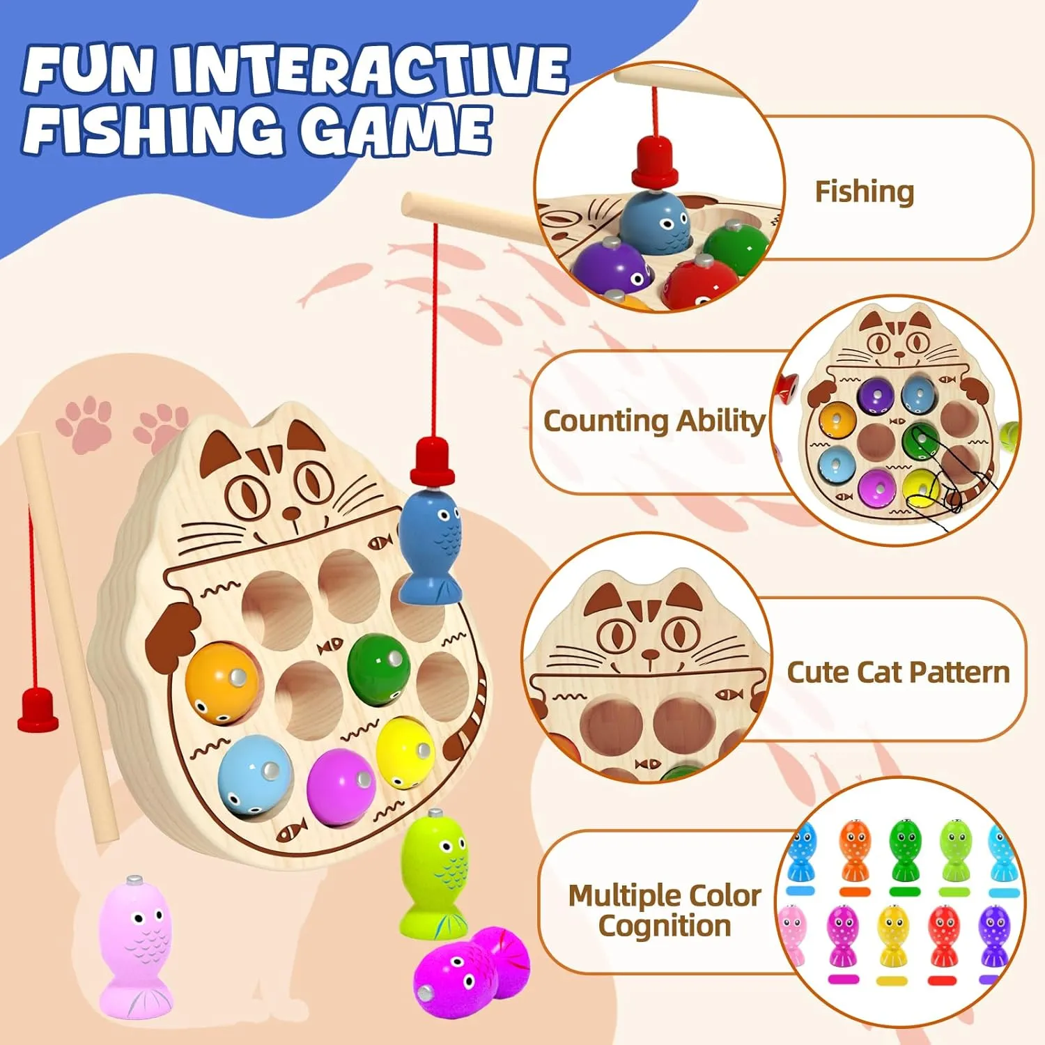 Wooden Magnetic Fishing Game for Toddlers 1-3, Montessori Sensory Busy Board Fine Motor Skills Toys for 1 2 3 Years Old Boys Girls