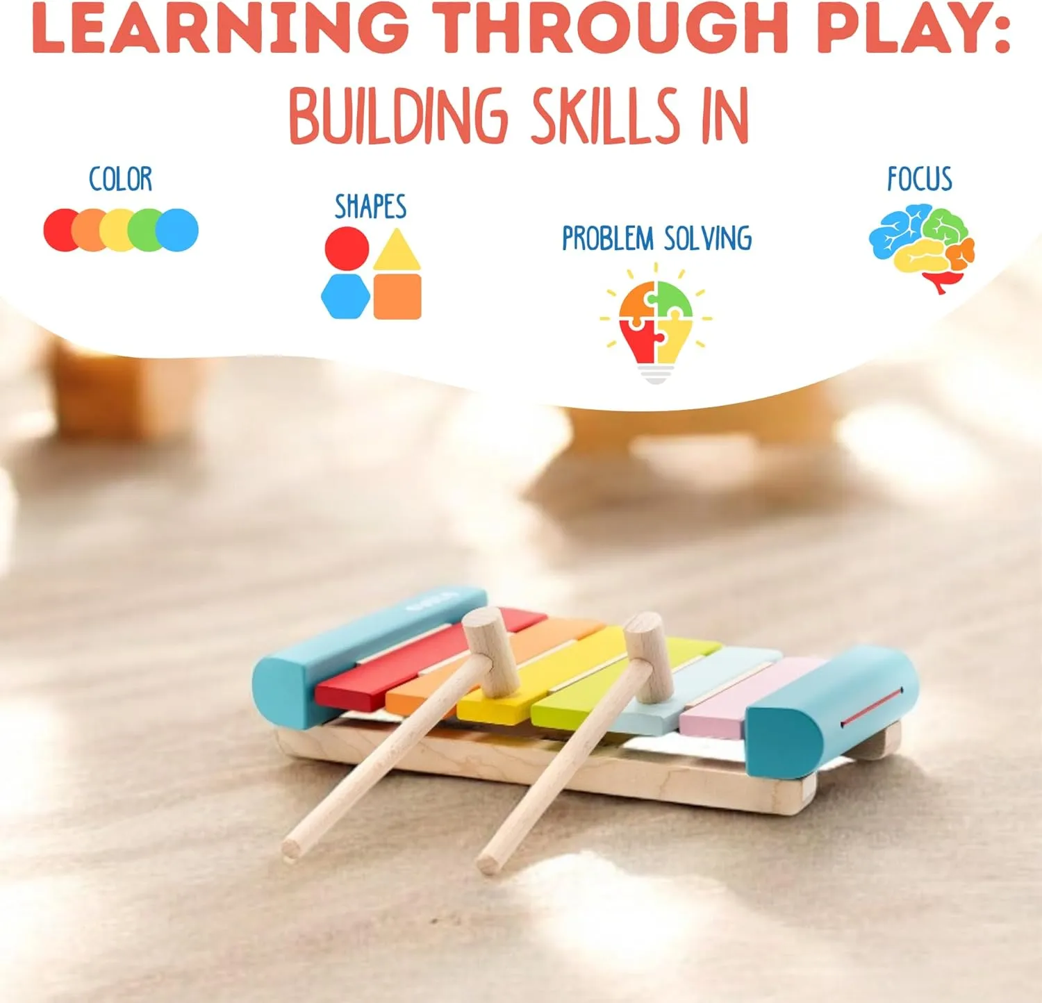 Wooden Toy Xylophone – Montessori Musical Toy for Toddlers Ages 18 Months  – Includes 2 Wooden Mallets – FSC-Certified Wood, German Water-Based Paint – Wooden Toys for Toddlers