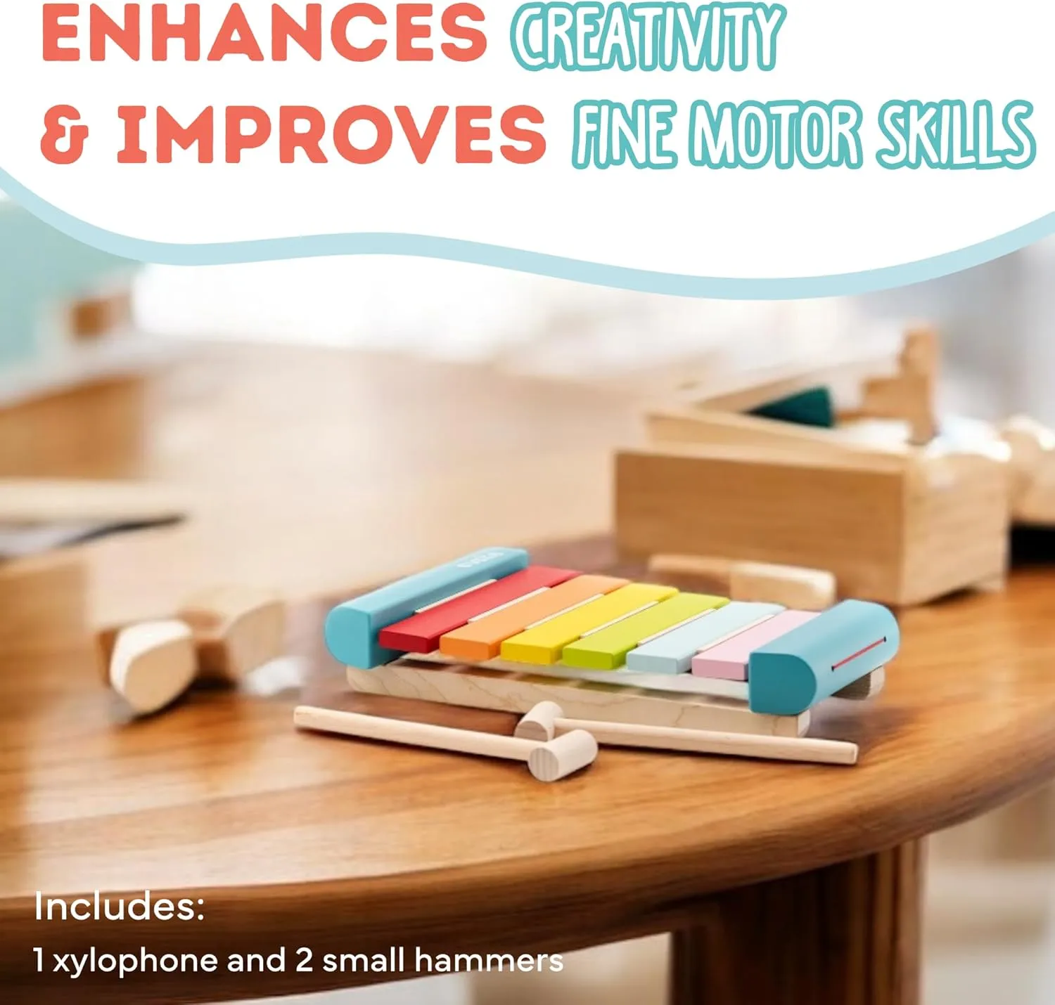 Wooden Toy Xylophone – Montessori Musical Toy for Toddlers Ages 18 Months  – Includes 2 Wooden Mallets – FSC-Certified Wood, German Water-Based Paint – Wooden Toys for Toddlers