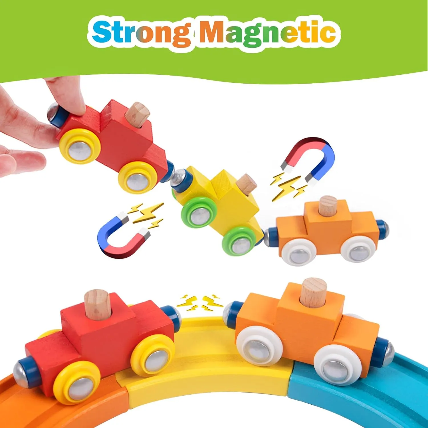 Wooden Train Set for Toddlers Magnetic Train Car Toys for Toddler, Montessori Toys, Accessories fits Melissa and Doug, fits Brio, fits Thomas, for Boys Girls 18  Months (Animal Wooden Train Set)