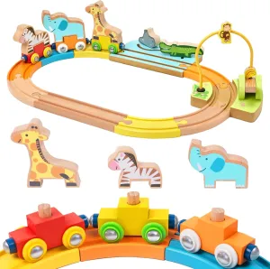 Wooden Train Set for Toddlers Magnetic Train Car Toys for Toddler, Montessori Toys, Accessories fits Melissa and Doug, fits Brio, fits Thomas, for Boys Girls 18  Months (Animal Wooden Train Set)
